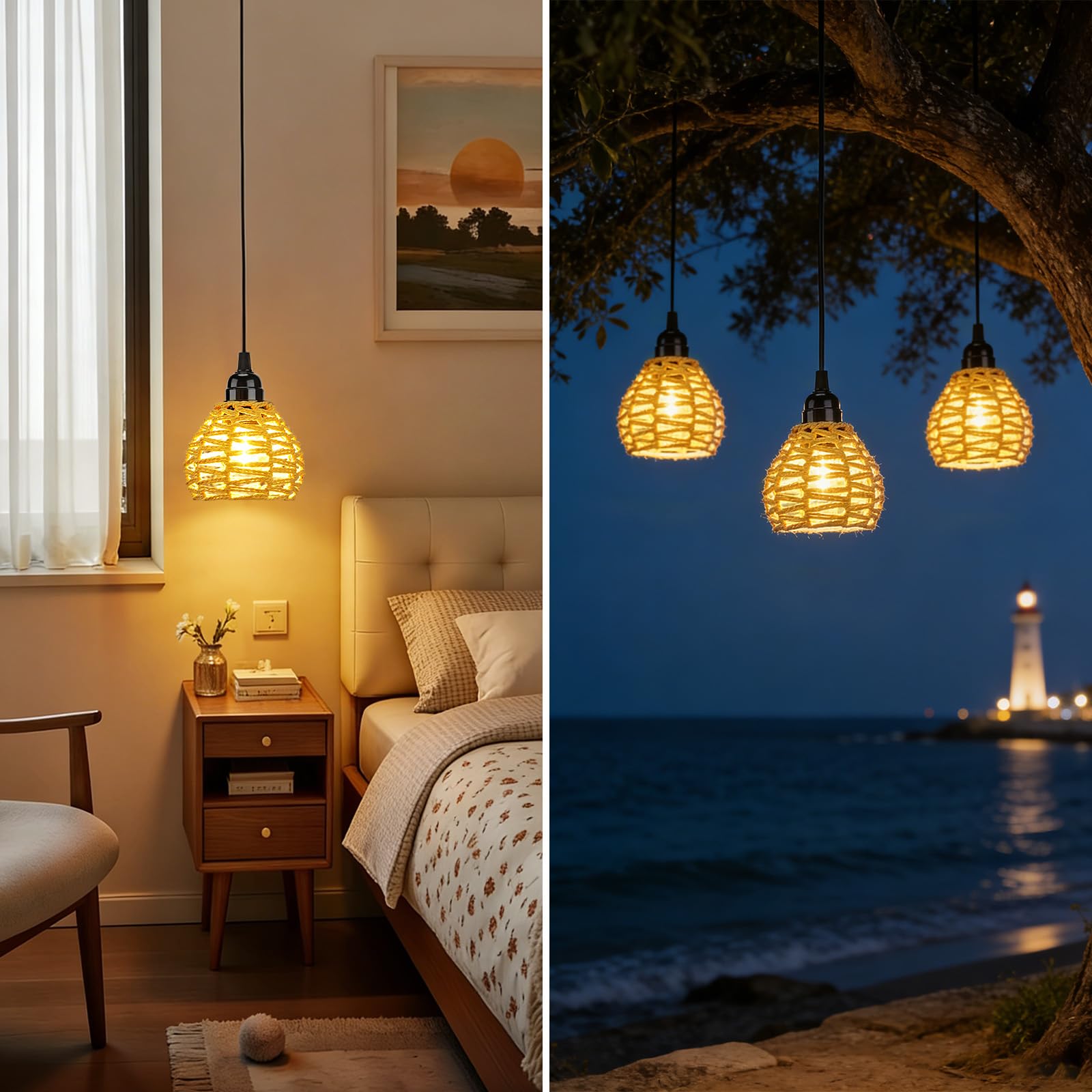 Lampada a Sospensione a Batteria, 3 Lampadario Rattan da Esterno Con Telecomando, Regolabile, Timer, IP65 Impermeabile Per Interni Gazebo Giardino Campeggio pranzo