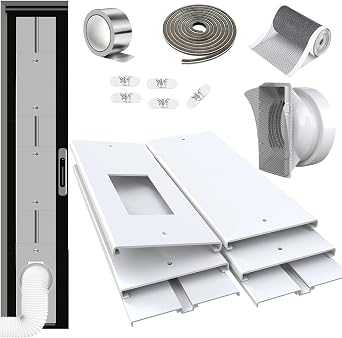 Max 95"Sliding Door Air Conditioner Vent Kit with Screen net & 2 weather strippings Energy Saving Airtight Universal 5.0/5.9 Inch AC Hose Coupler Portable AC Balcony Door Plates kit