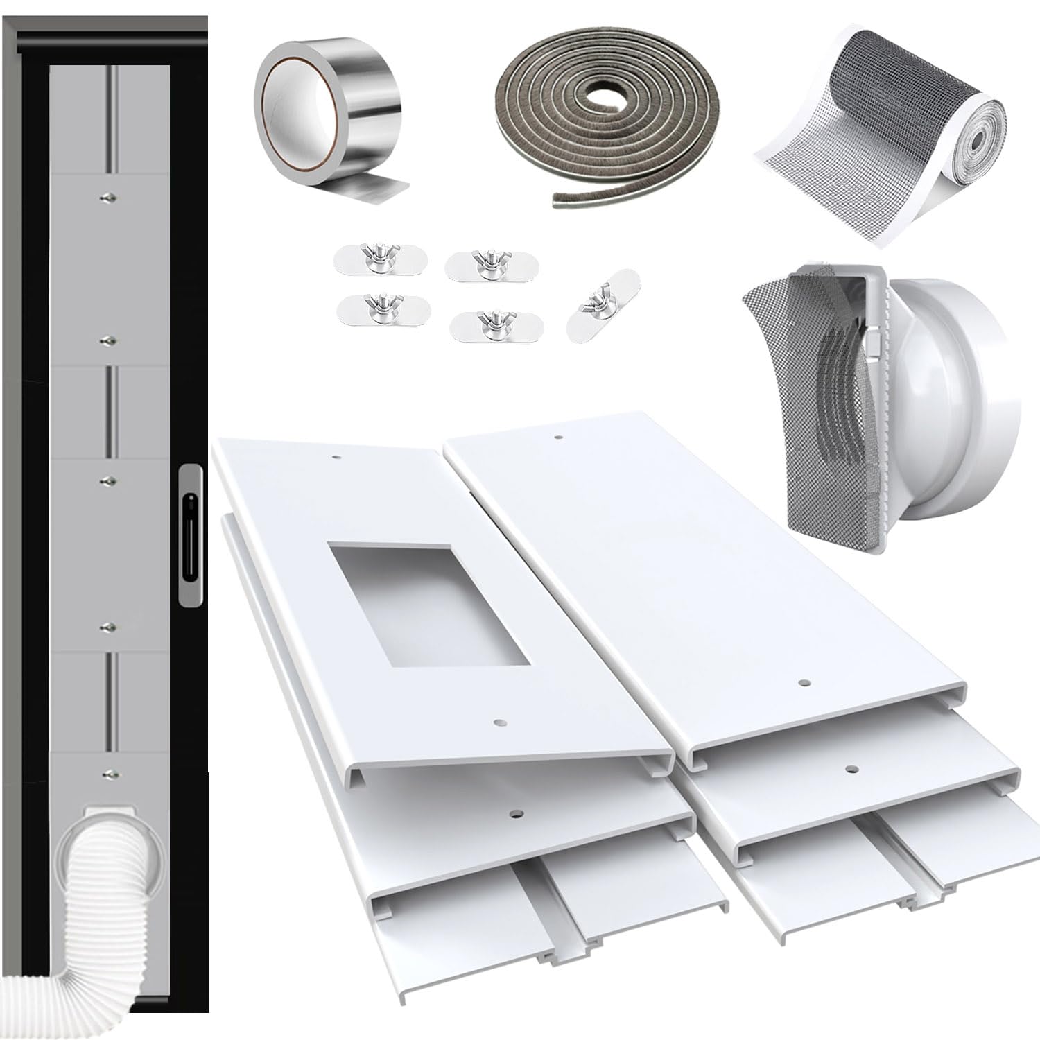 Max 95"Sliding Door Air Conditioner Vent Kit with Screen net & 2 weather strippings Energy Saving Airtight Universal 5.0/5.9 Inch AC Hose Coupler Portable AC Balcony Door Plates kit