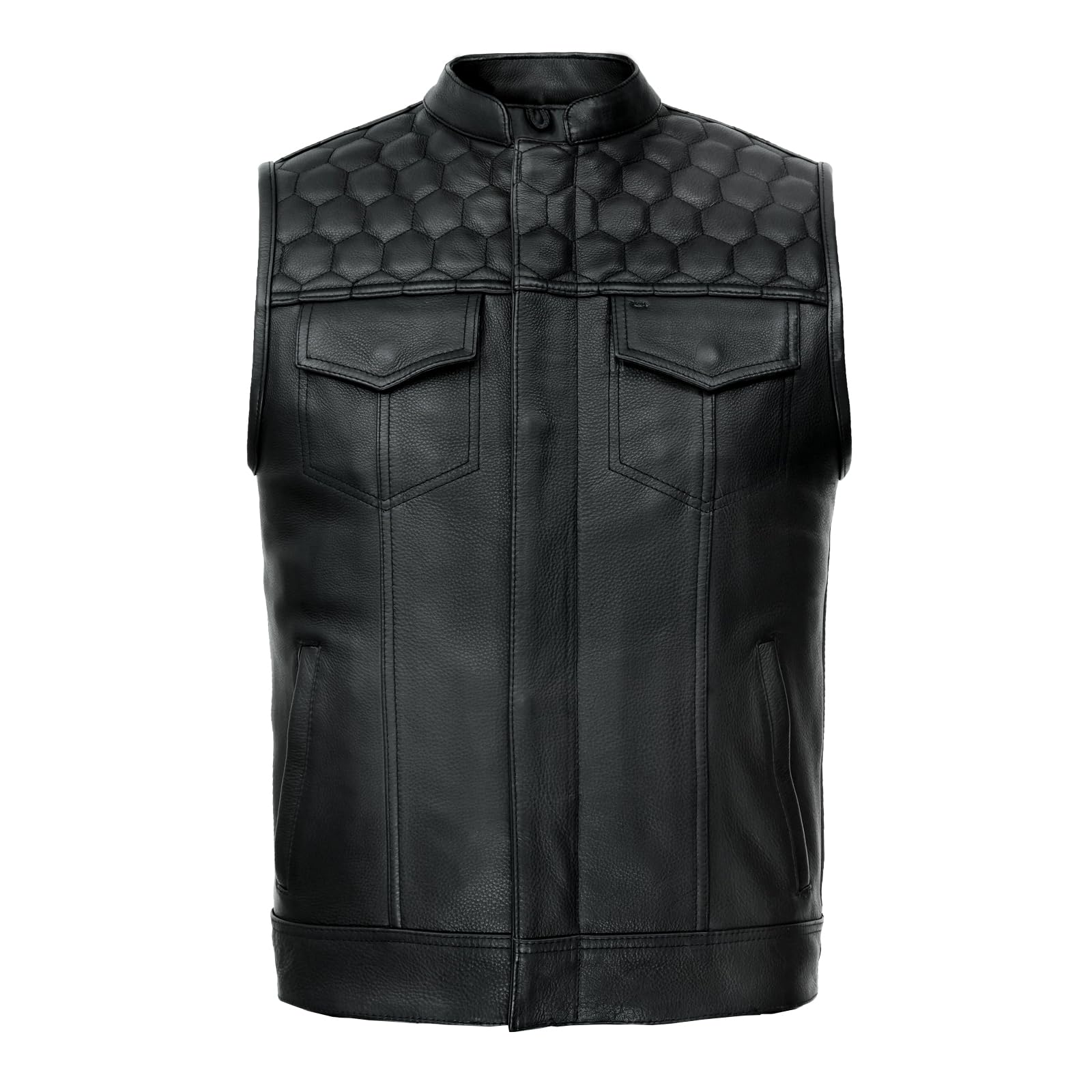 Leatherick Honeycomb SOA Style Motorradweste aus echtem Leder für Herren – Schwarz Verdeckte Bikerweste mit weichem Polyesterfutter