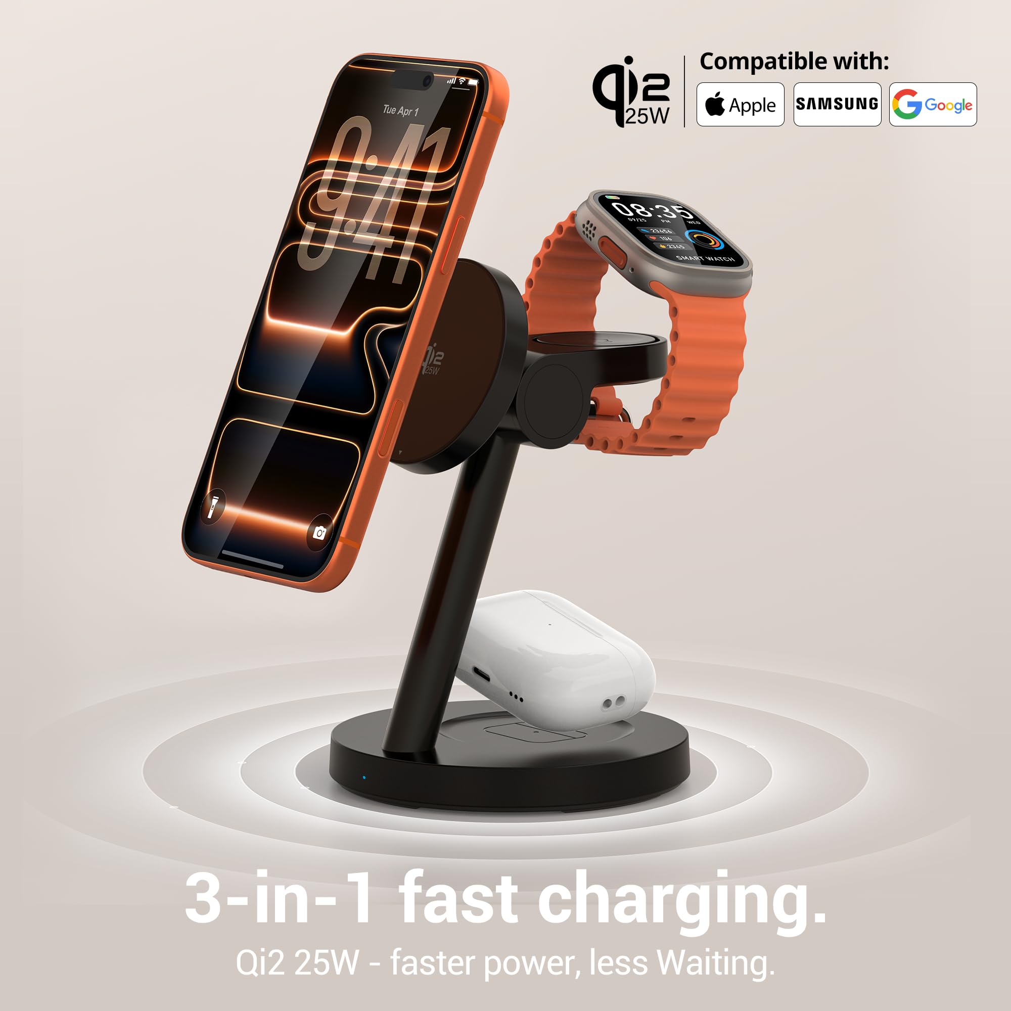 Qi2 Station de charge sans fil 3 en 1 25 W pour iPhone Samsung