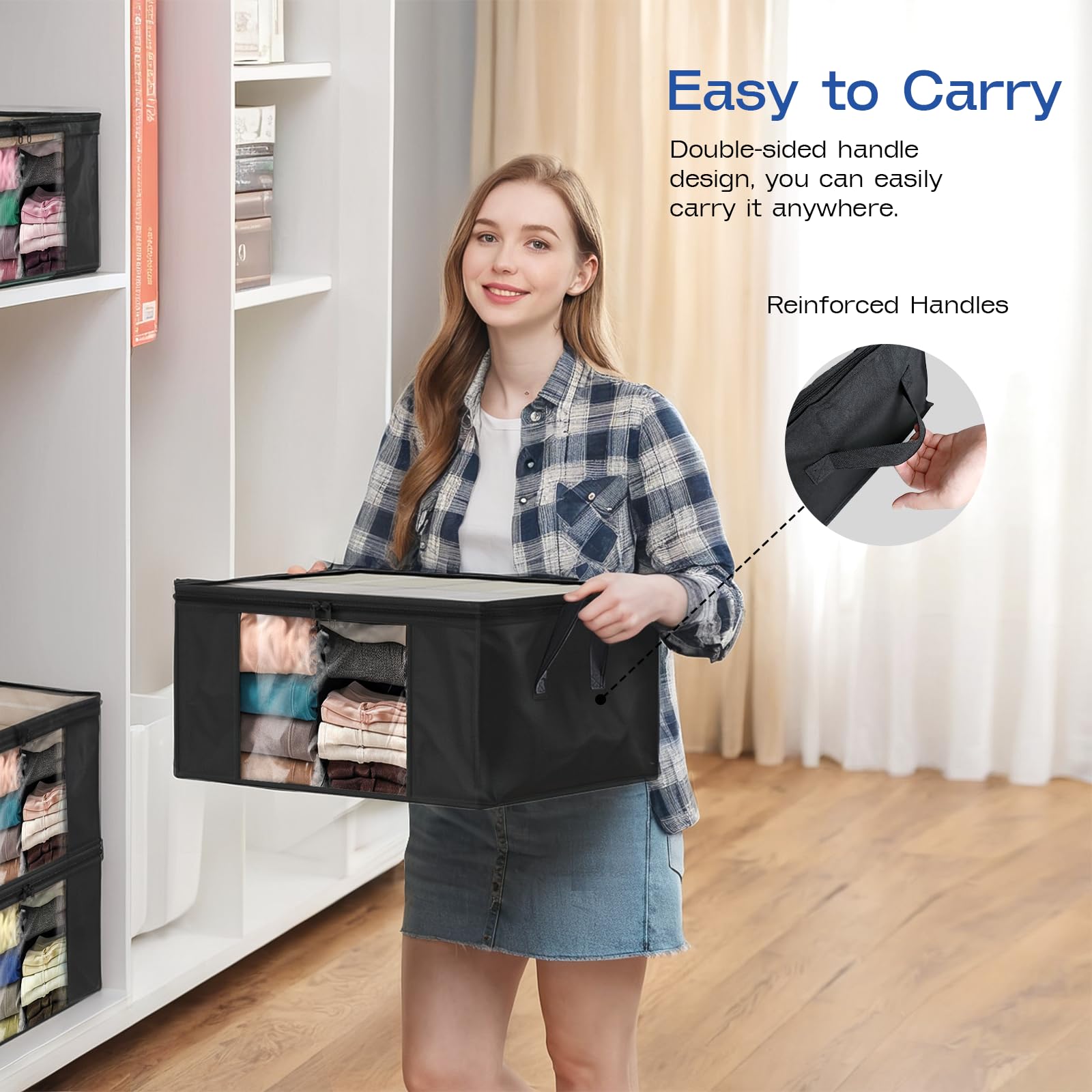 Bolsas de almacenamiento de ropa, bolsas plegables de tela gruesa, ventana transparente grande y asas de transporte, ideal para ropa, mantas, armarios, almohadas, juguetes (negro, paquete de 6)