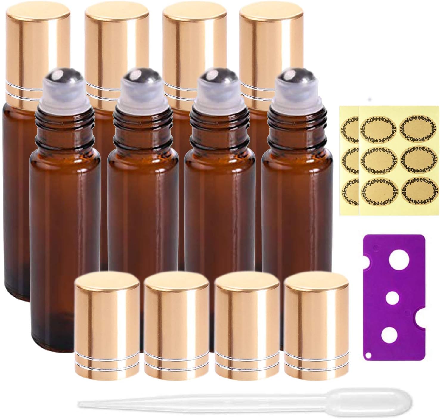 8Pcs 10ml Essential Oils Roller Bottles, Refillable Amber Glass Roll on Bottles with Golden Lids, Includes 12Pcs Stickers, 1 Dropper & 1 Opener - Great for Aromatherapy, Fragrance
