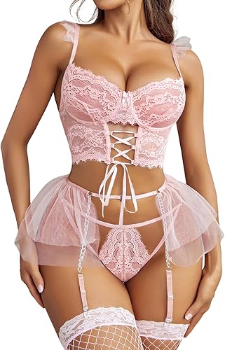 Avidlove Women's Lace Lingerie Bra and Panty Set Strappy Valentine 3 Piece Babydoll Bodysuit (Pink, Medium)