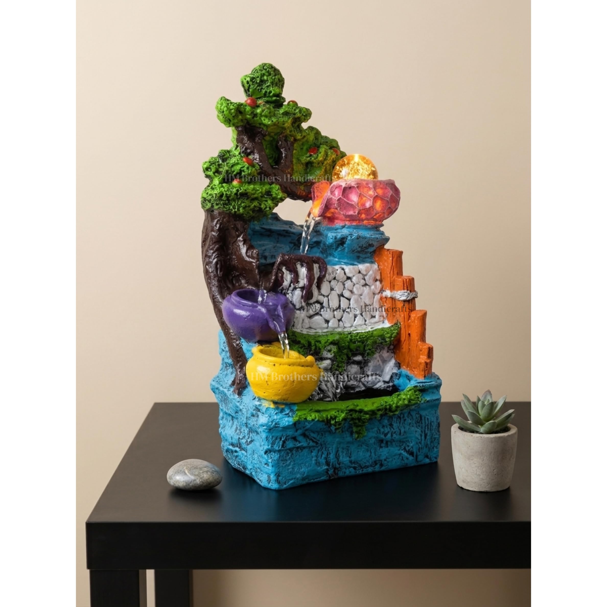 HM Brothers Multi Tier Bonsai Tree Water Fountain with LED | Rotating Crystal Ball Indoor Tabletop Waterfall with Colored Pots | 15 Inch Showpiece for Home Decor, Office, Living Room Gift Items-image-41