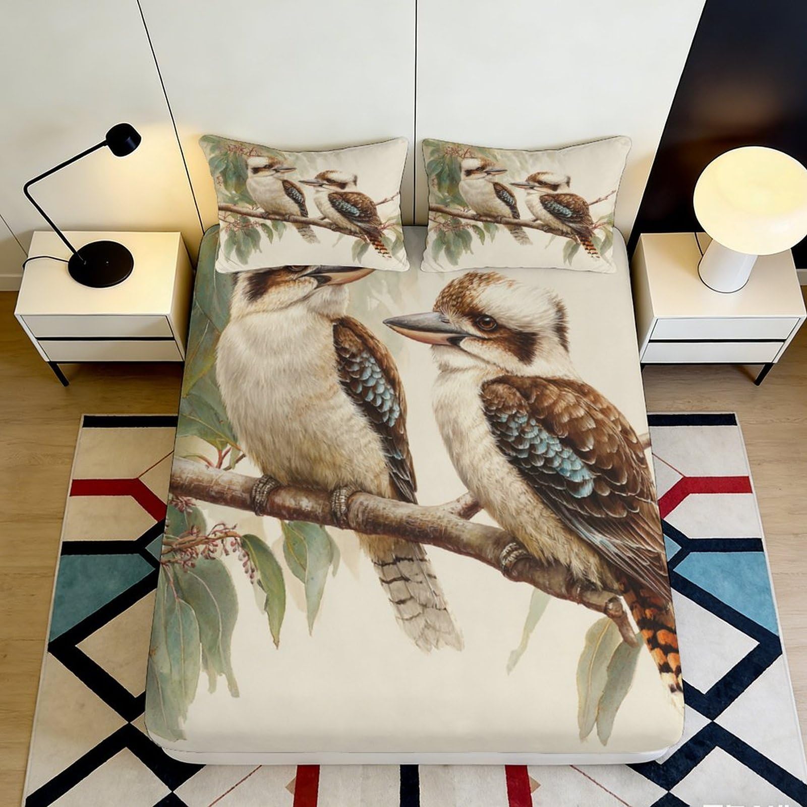 3D Printed Kookaburra Bird Fitted Sheet Microfiber Soft Breathable Branch Bed Cover for Bedroom Dorm Decor 90x200x25cm