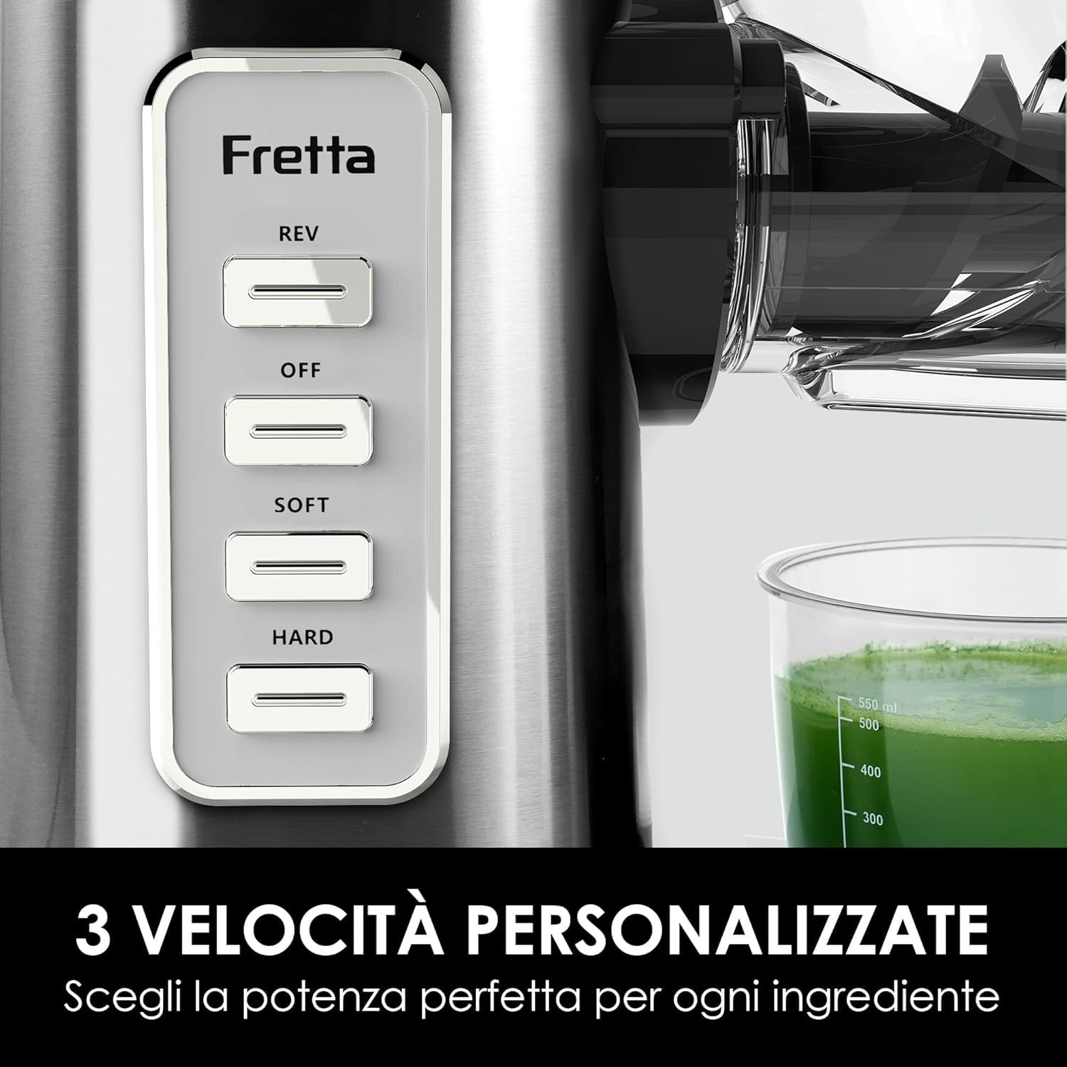 Fretta Professionale Estrattore di Succo a Freddo Lento, Acciaio Inossidabile per Frutta e Verdura, Motore DC Silenzioso, Alta Resa di Succo, Senza BPA, Facile da Pulire (sliver)