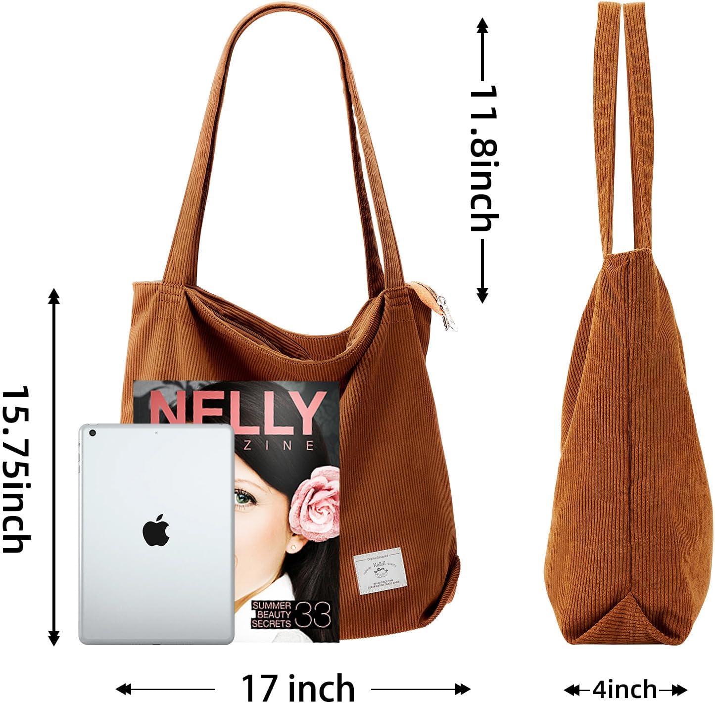 KALIDI Women Corduroy Tote Bag Zipper Casual Tote's Handbag Big Capacity Shoulder Bag with Pockets - Image 5