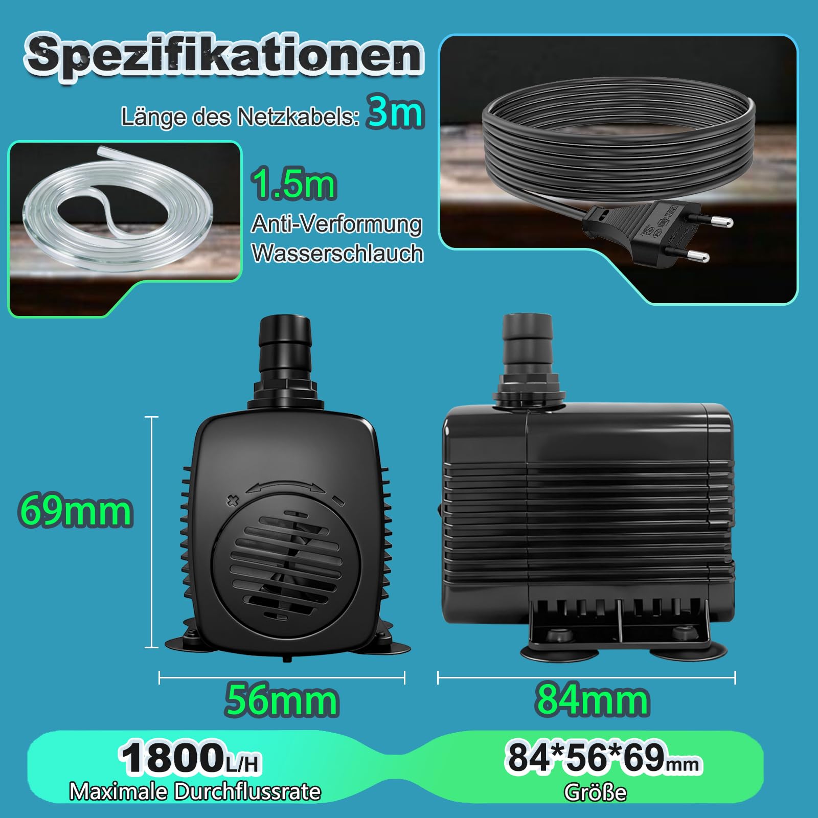 SongLong Pompe de Fontaine Ultra Silencieuse 25W 1800 L/H | Câble 3m & Protection Contre la Surchauffe | Idéale pour Fontaine de Jardin, Bassin, Installations Hydroponiques