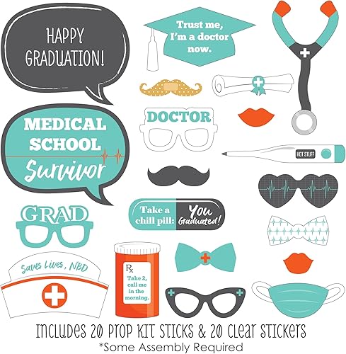 Miniatura 2 de Big Dot of Happiness Graduado de la escuela de medicina - Kit de accesorios para cabina de fotos para fiesta de graduación de médico, 20 unidades