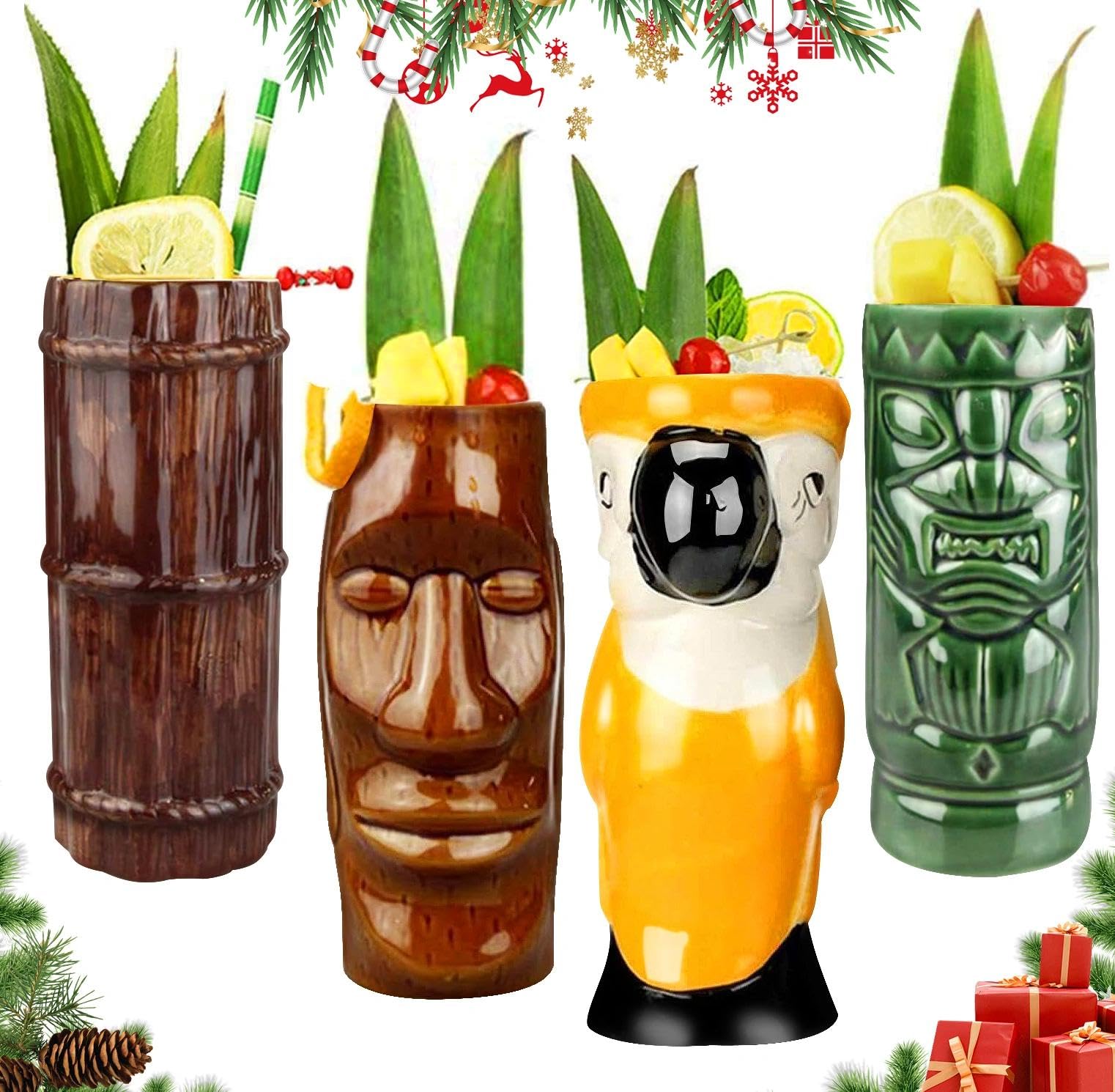 LINALL Tiki Mugs Cocktail Set of 4 - Large Ceramic Hawaiian Party Mugs Drinkware, Cute Exotic Cocktail Glasses, Tiki Bar Professional Hawaiian Party Barware, TKSET0001