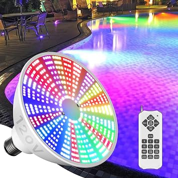 لمبة إضاءة LED لحمام السباحة 120 فولت 45 وات RGBW لمصباح حمام السباحة الداخلي مع 15 وضع إضاءة - إضاءة حمام السباحة 7000K - استبدال E26 لتركيبات إضاءة حمام السباحة Pentair وHayward