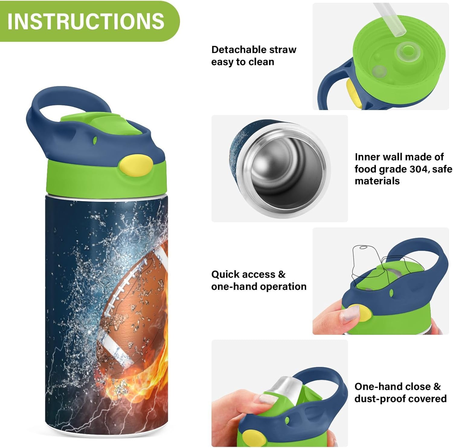 American Football Kids Water Bottle with Straw Lid Insulated Stainless Steel Reusable Tumbler Leakproof Vacuum Boys Girls Toddler School Sports 12oz - Image 5