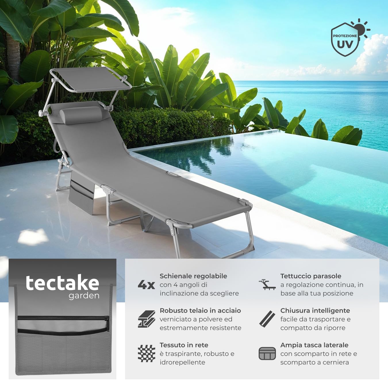 Tectake Sdraio Pieghevole 2 Pezzi con Cuscino Poggiatesta Idrorepellente 4 Posizioni Grigio