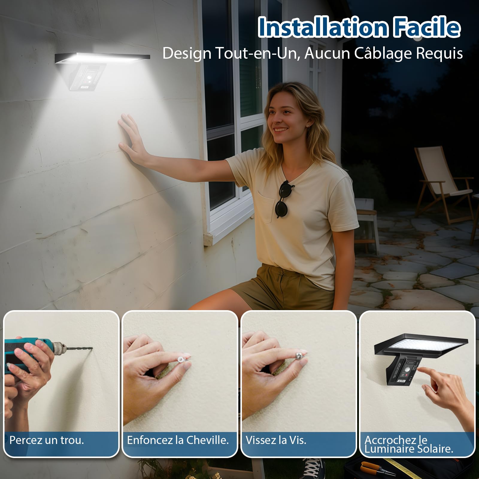 JESLED Lampe Solaire Exterieur, 104 Eclairage Exterieur Solaire avec Télécommande, Batterie Grande Capacité de 5200 mAhh, 3 Couleurs 4 Modes Projecteur Solaire Exterieur pour Jardin, Cour, 2 Paquet