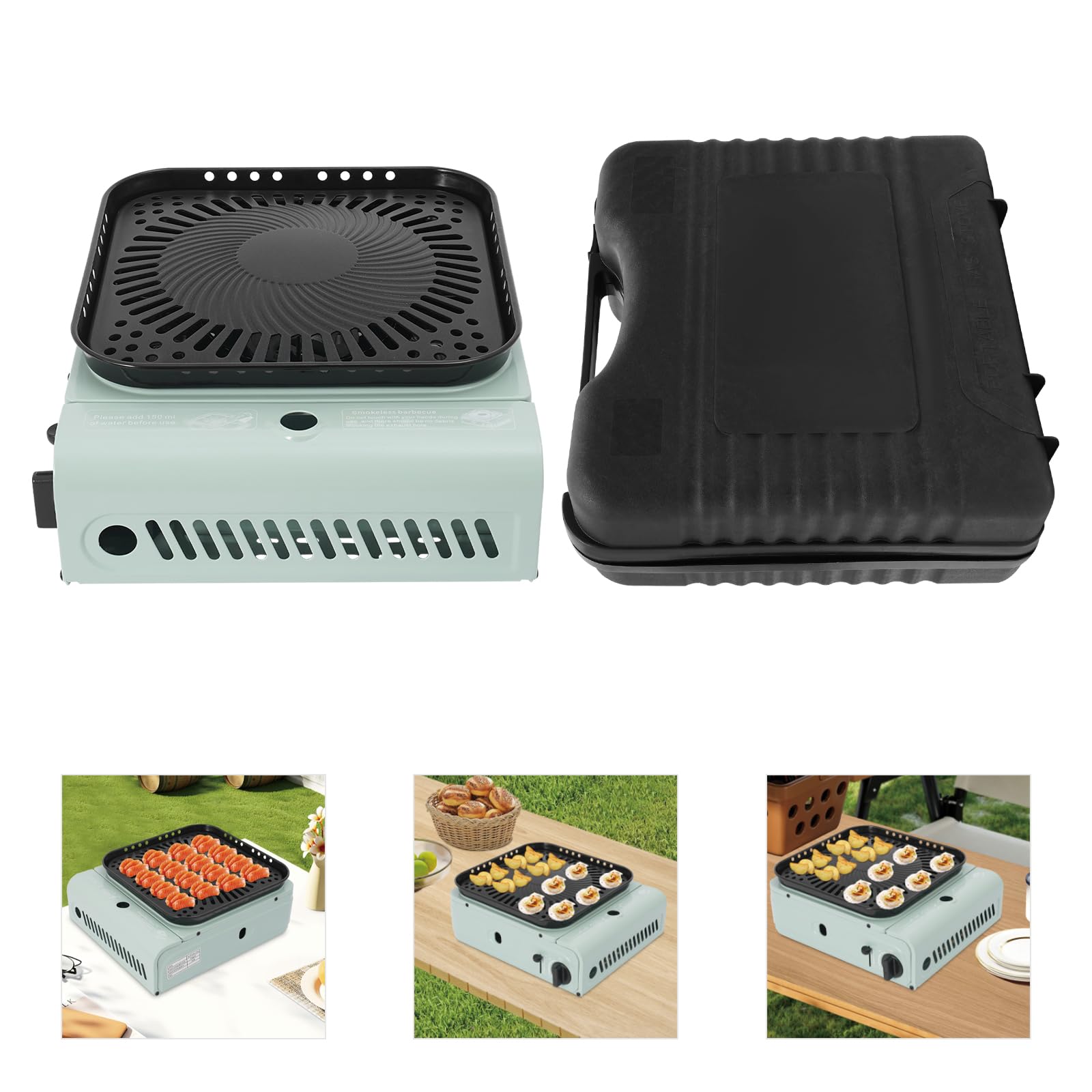 Camping Gasgrill Kompakter Gaskocher Campingkocher Tragbarer Gasgrill Camping Gasherd mit Grillplatte Gasherd Set für Outdoor, Picknick, Balkon, Garten, 30.5x27.3x12cm (Grün)