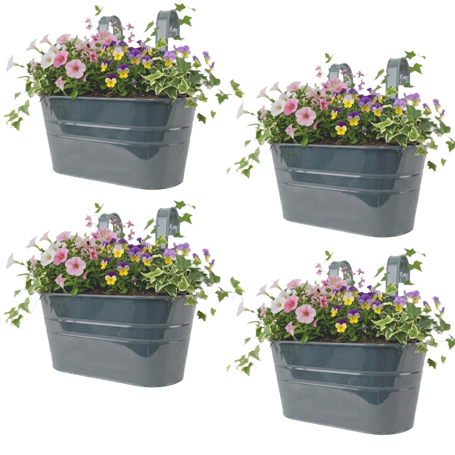 Woodside Green Metal Hanging Basket Flower Pots 4 Pack – Balcony Rail Planters With Drainage Plug, Durable Powder Coated Steel,