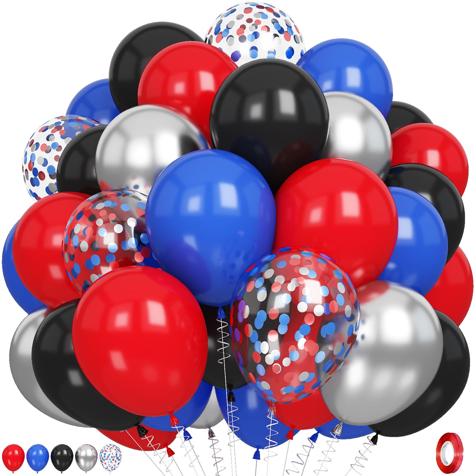 Red Blue Silver Balloons, 60 PCS 12 Inch Royal Blue Red Silver Confetti Black White Latex Balloons for Boys Cool Man Halooween Theme Birthday Graduation Baby Shower Party Decoration Supplies — image 1