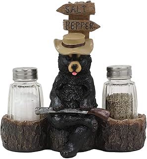 Ebros Gift Rustic Western Black Papa Bear With Shotgun Sitting On Crossroad Tree Log Bench Salt And Pepper Shakers Holder Figurine 6.5"High