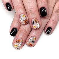 Vista 9 de Uñas postizas a presión para Halloween, punta francesa, uñas postizas cortas cuadradas de RIICFDD con diseño de calabaza, espeluznante y calavera