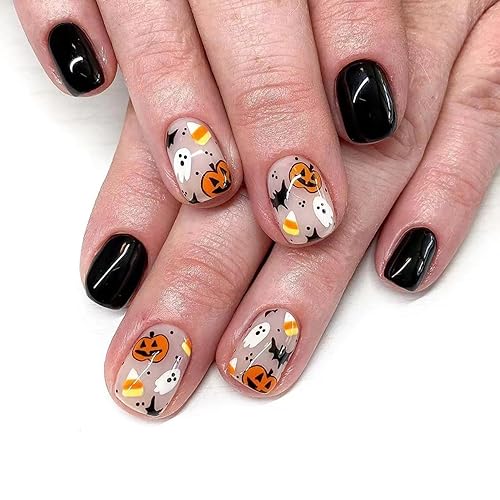 Miniatura 9 de Uñas postizas a presión para Halloween, punta francesa, uñas postizas cortas cuadradas de RIICFDD con diseño de calabaza, espeluznante y calavera