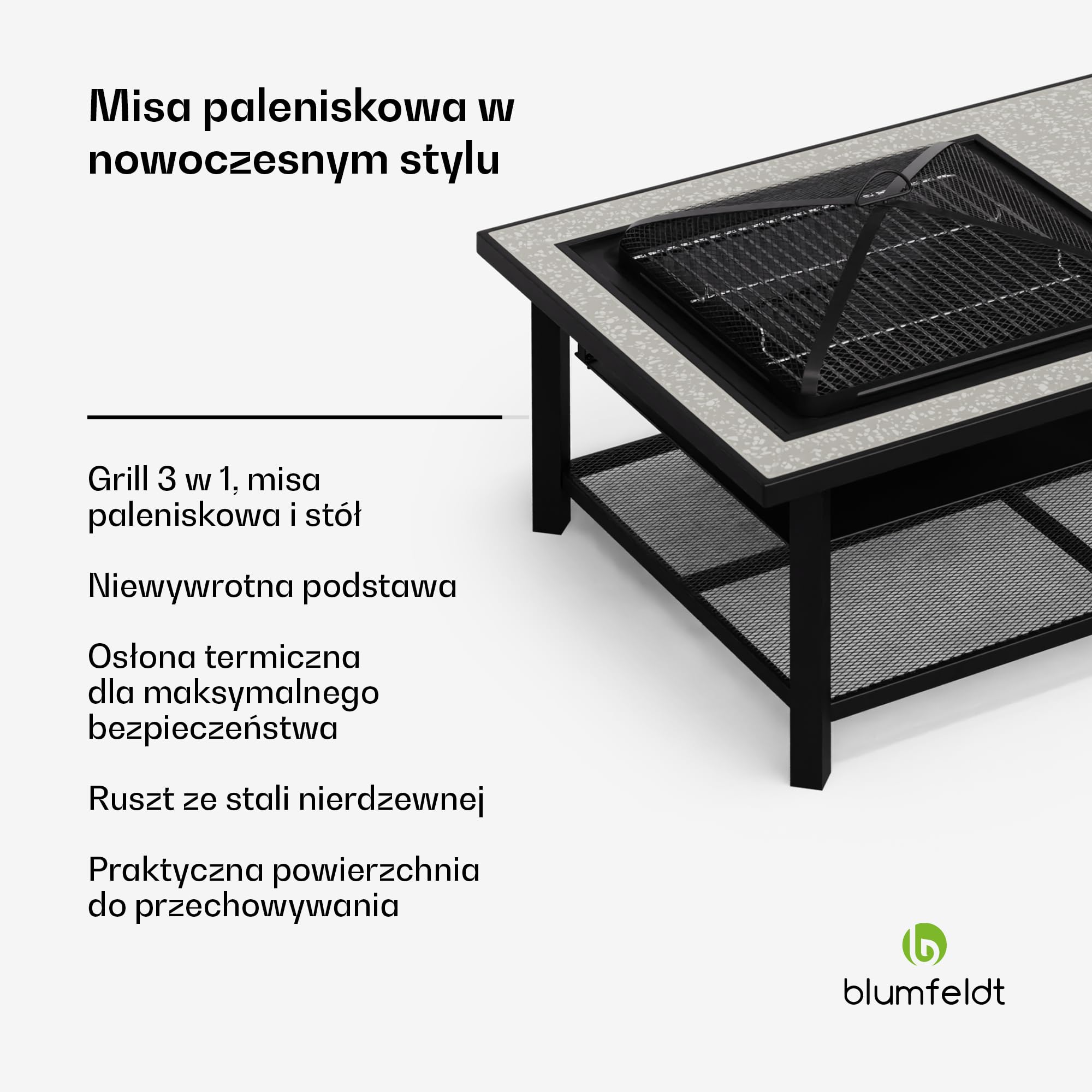 Blumfeldt Merano Avanzato L palenisko 3 w 1 z rusztem do grillowania i stołem, wytrzymała rama stalowa, blat stołu z terrazzo, w zestawie ochrona przed iskrami, pogrzebaczem i pokrywą, do ogrodu i na