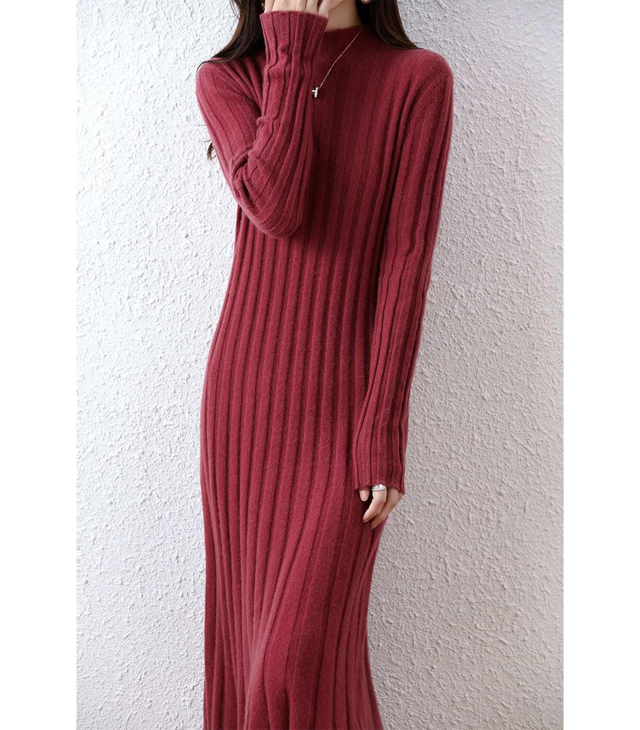 Vestido de punto 100 % de lana para mujer, cuello alto falso, tiras, cuello en V, manga larga, sin botones, vestido de punto acampanado