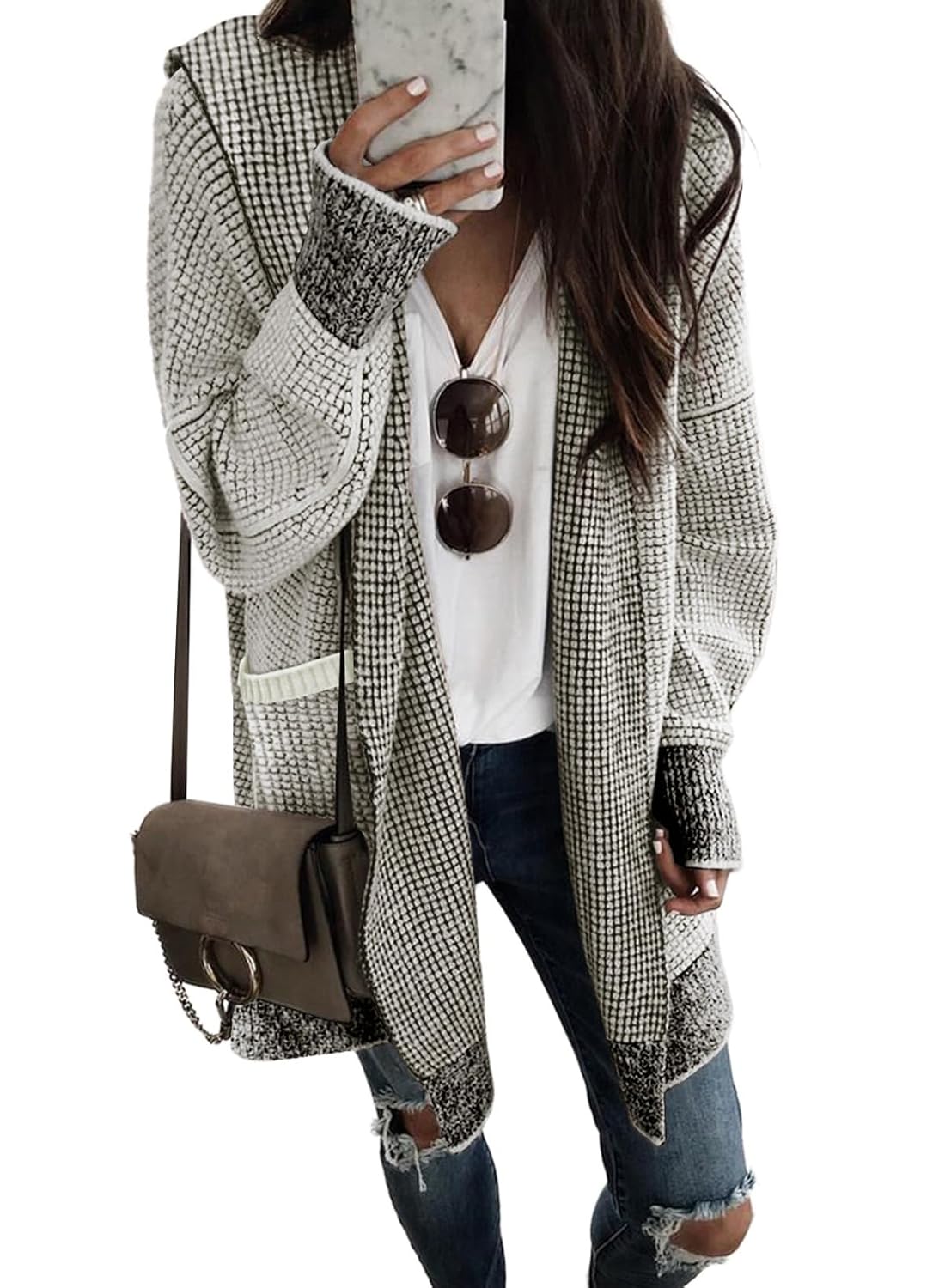 Sidefeel Womens Cardigan Sweaters Hooded Oversized Open Front Chunky Knit Plaid Sweater Coat Fall Fashion Tops