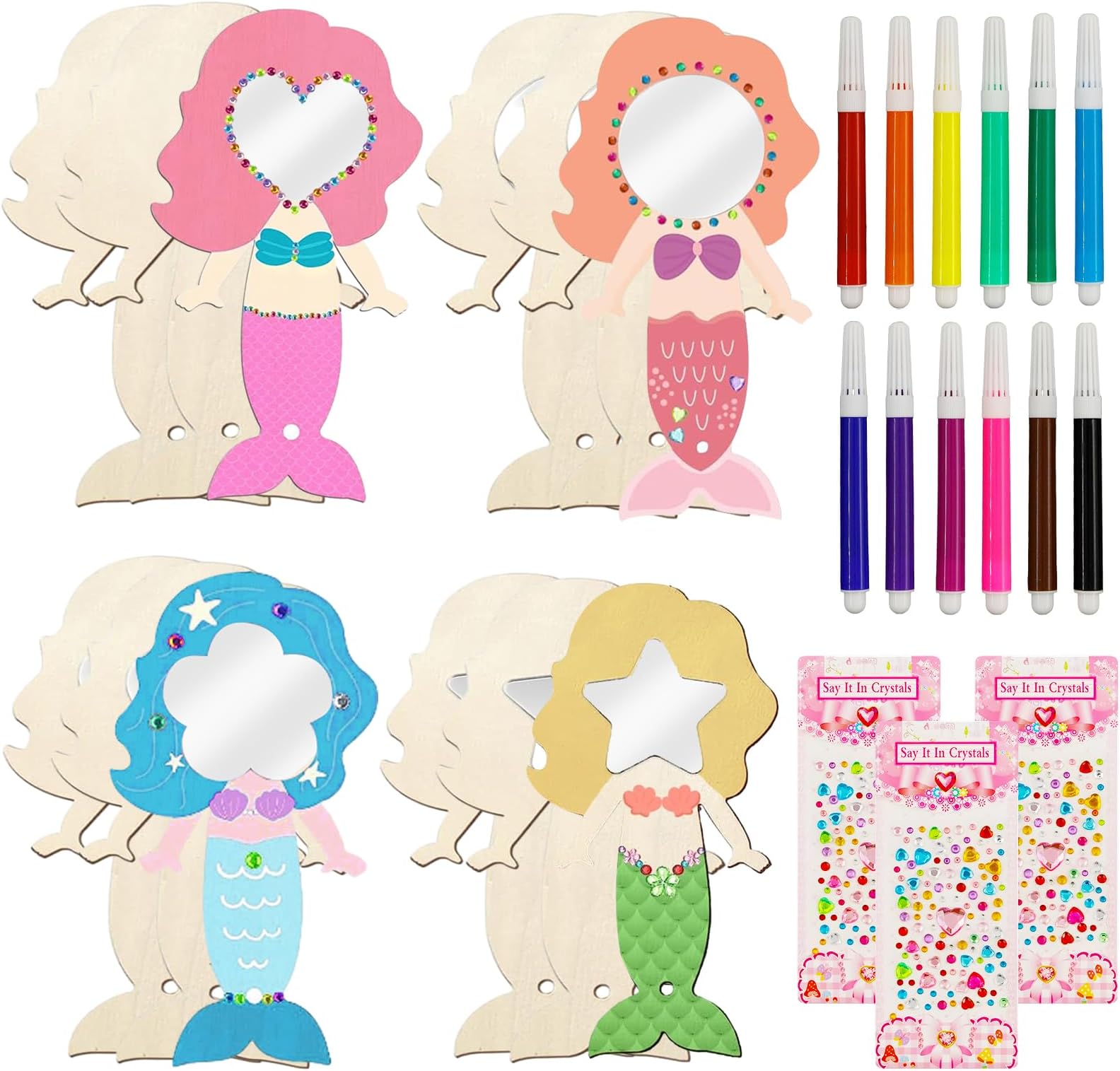 TaimeiMao Pack of 27 Mermaid Crafts Wood, DIY Wooden Mirror Crafts, with 12 Wooden Mermaid Mirrors, 3 Sheets Diamonds, 12 Watercolour Pencils, Mermaid Craft Set, Party Bags for Girls