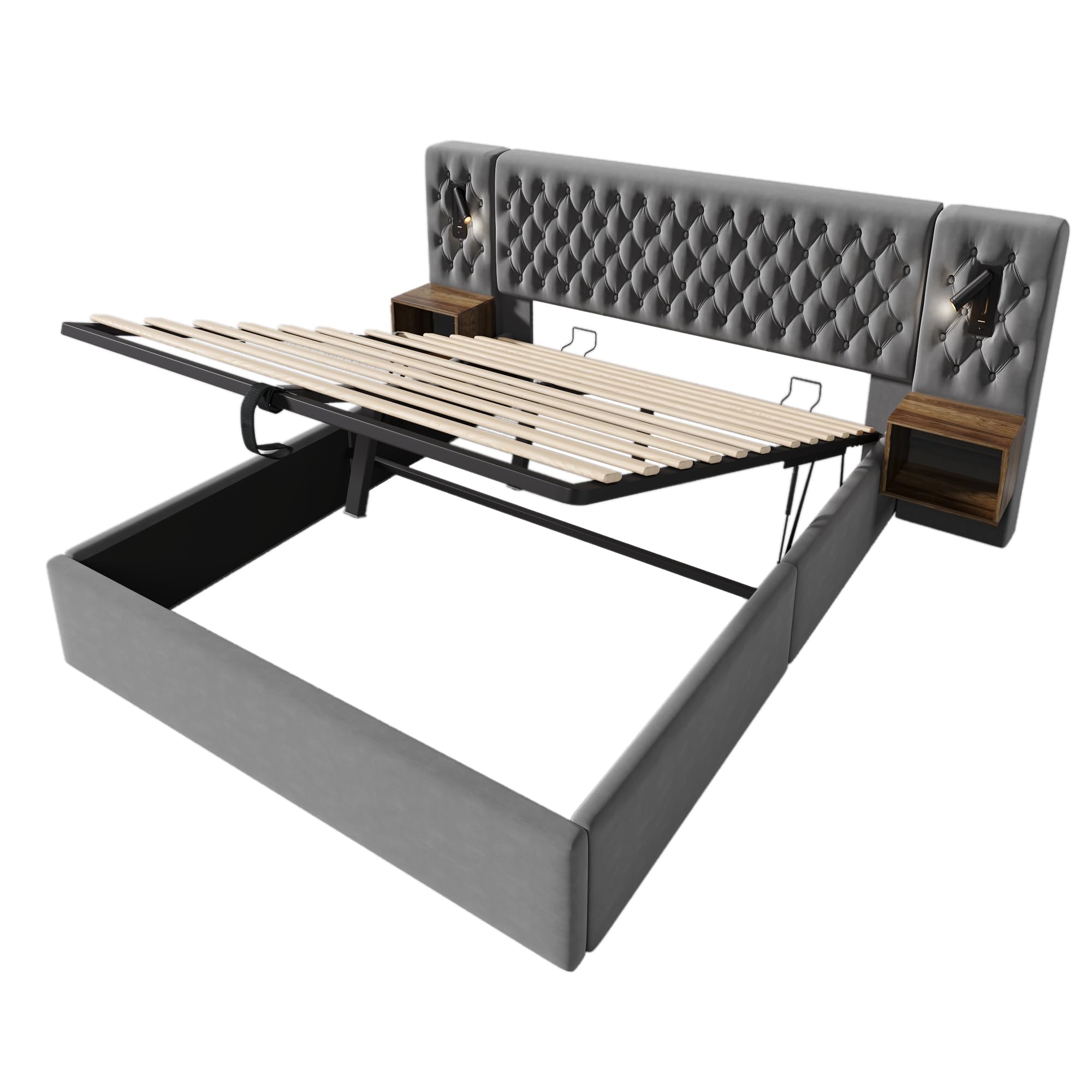 Bettanlage Schlafzimmer Komplett Set,Polsterbett Hydraulisch Stauraumbett Doppelbett mit 2 Nachttischen, Kopfteil Leselicht mit USB Ladefunktion, Samt, Ohne Matratze (Grau/2 Nachttischen, 160x200cm)