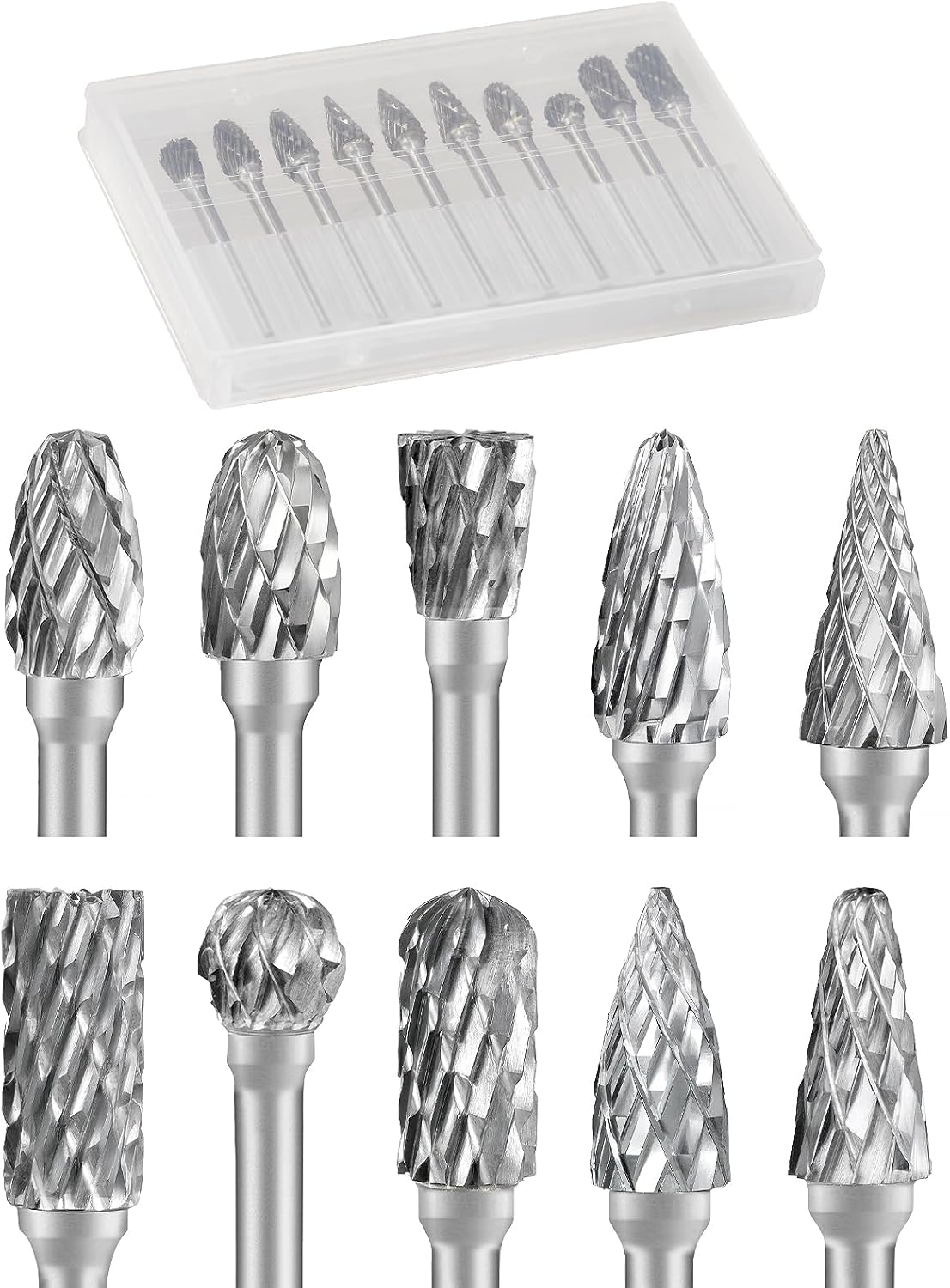Carbide Burr Set 10Pcs 1/8"Shank Carbide Burr Bits 1/4" Head Length Rotary Tool Bits Tungsten Double Cut Carbide Burr for Metal Wood Carving,Drilling,Engraving, Polishing