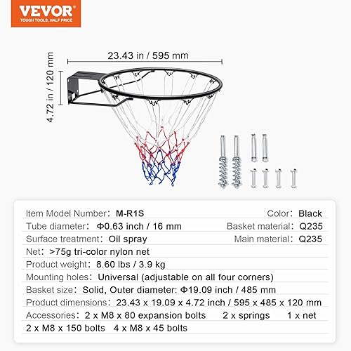 Miniatura 7 de VEVOR Basketball Rim, Wall Door Mounted Basketball Hoop, Heavy Duty Q235 Basketball Flex Rim Goal Replacement with Net and Double Spring, Standard