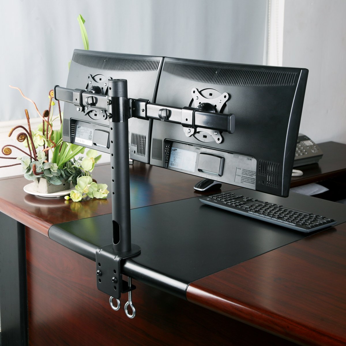 ブラック ディスプレイ アーム式 モニターアーム／クランプ ・グロメット 固定式／2画面／最大32