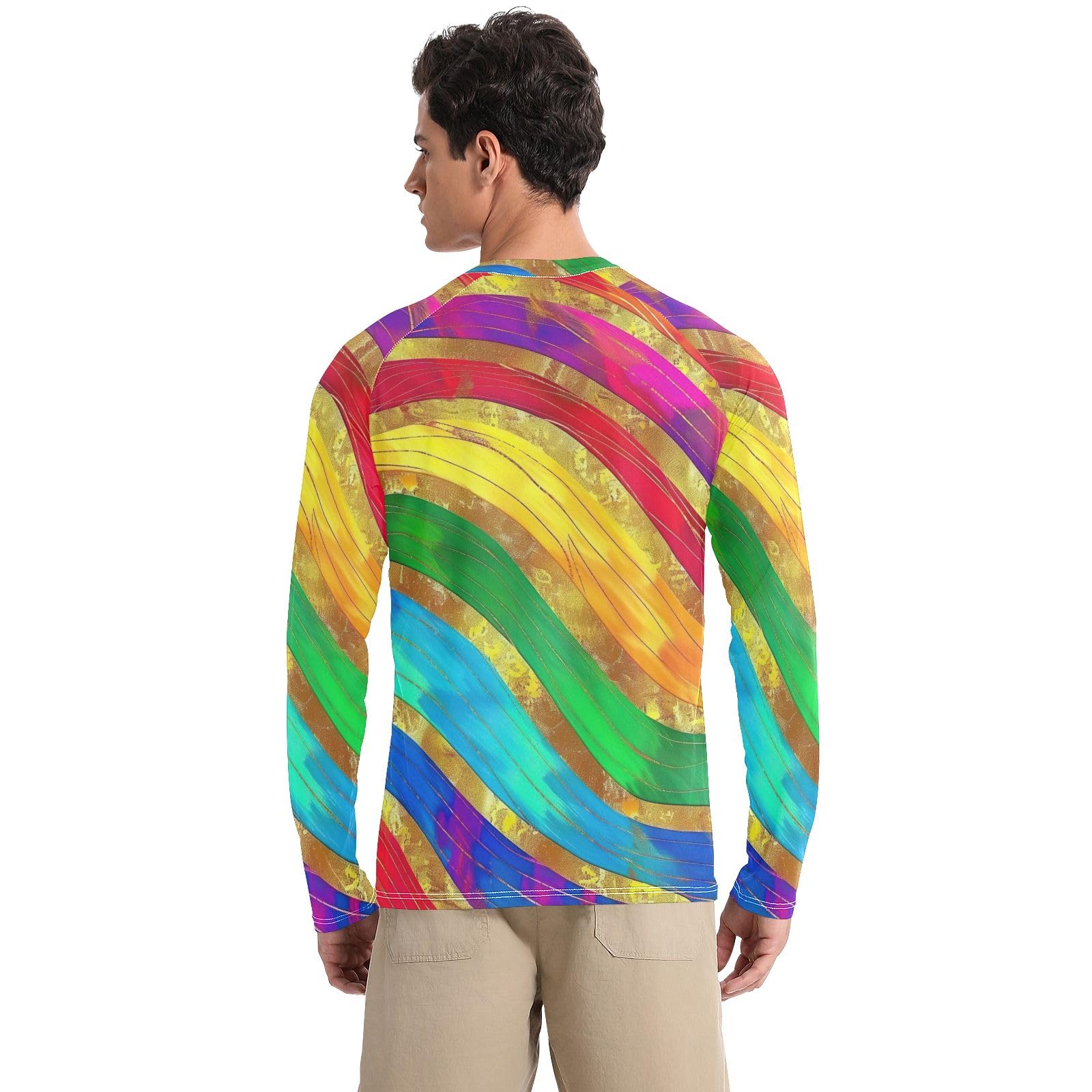 Mens UPF 50+ UV Sun Protection Mens Rash Guard Quick Dry Men's Rash Guard Long Sleeve Fishing Shirts, Rainbow Color Golden Lines, Small