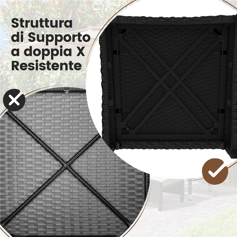 Yaheetech Set di 5 Mobili da Giardino in Rattan PE Mobili da Balcone con 2 Poltrone 2 Poggiapiedi 1 Tavolino in Vetro per Esterno Patio Terrazza Nero/Beige