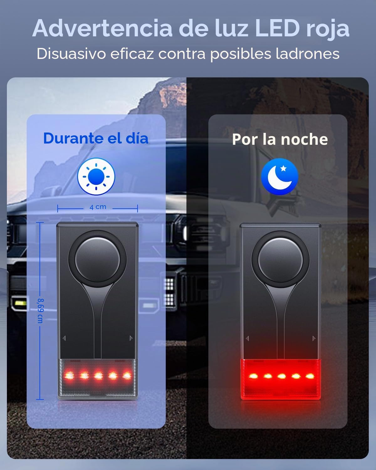 Sistema de alarma de coche de 108 dB, alarma antirrobo con sensor de vibración y alarma de luz roja, dispositivo remoto inalámbrico antirrobo con diseño de instalación magnética para coche, camión (2