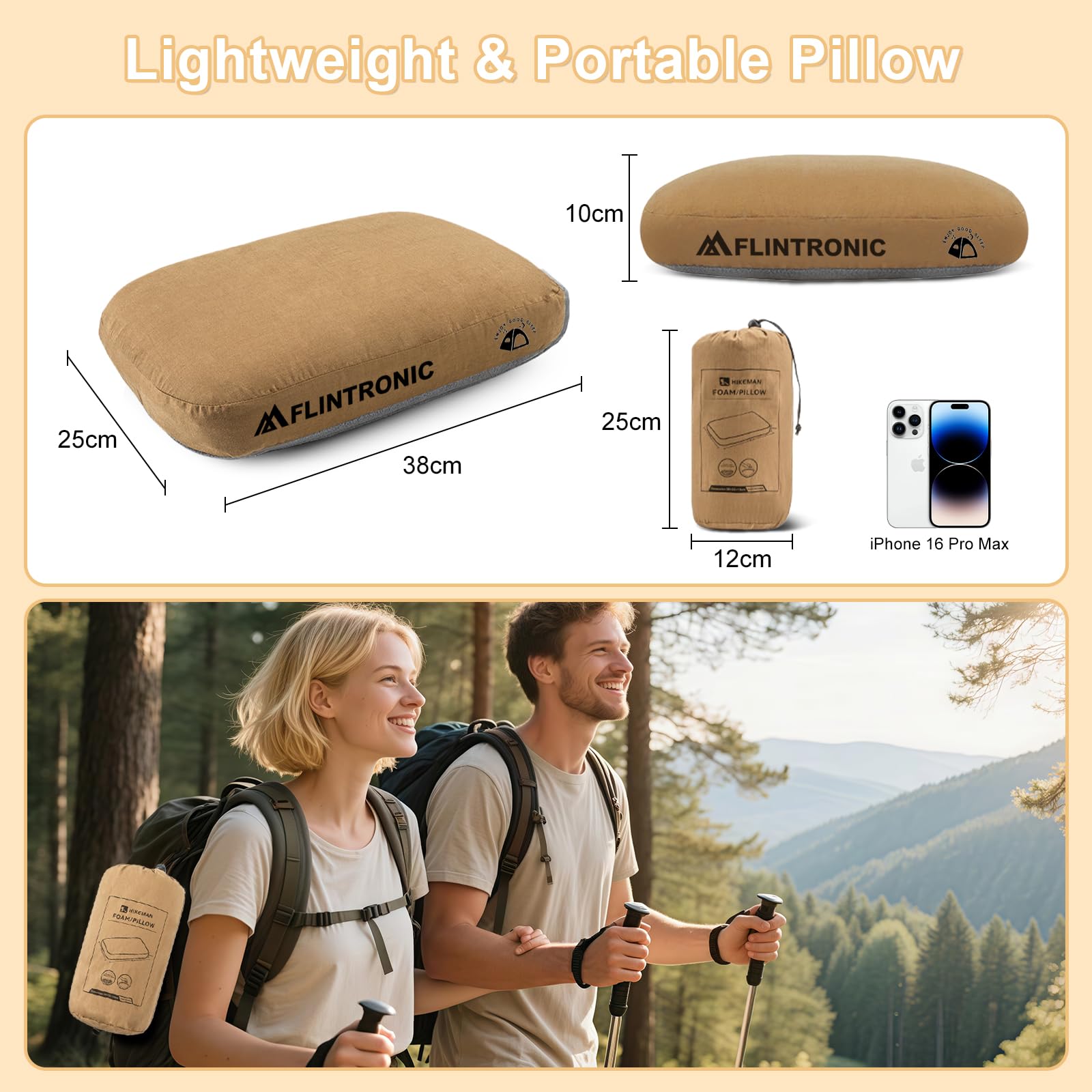 flintronic Almohada De Espuma Viscoelástica para Camping, Almohadas De Espuma Viscoelástica de Rebote Lento, Almohada de Viaje Portátiles, para Camping, Coche, Playa, Oficina (Marrón)