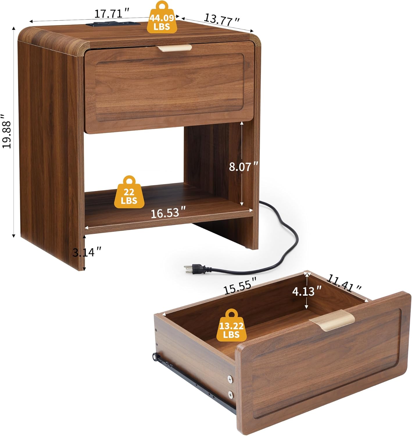 Diagram showing the dimensions of the LEVNARY Compact Nightstand: 17.71 inches wide, 13.77 inches deep, and 19.88 inches high. Also shows drawer dimensions and weight capacity.
