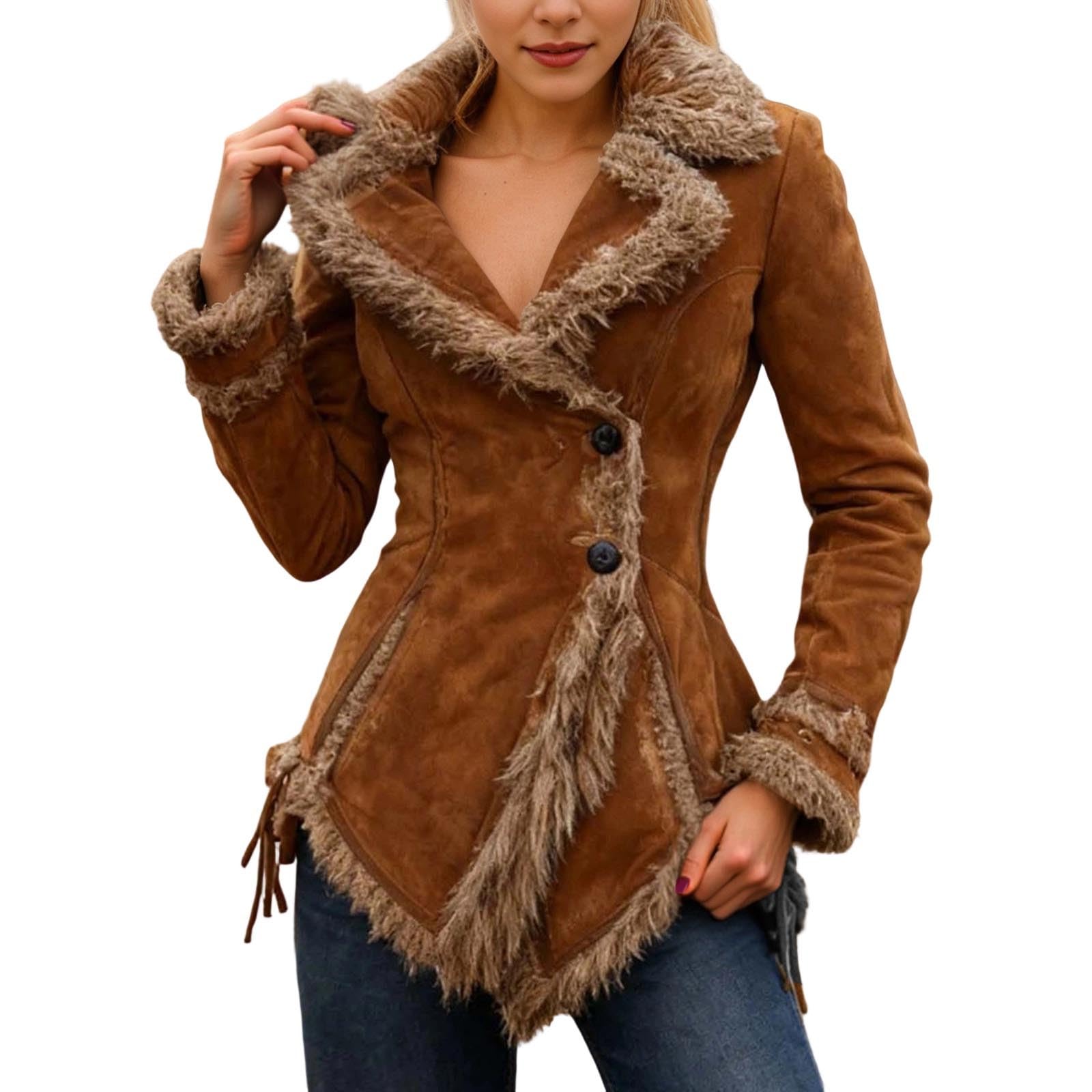 Veste en daim pour femme - Longue veste d'hiver chaude doublée - Veste polaire à revers - Manteau d'hiver épais - Trench épais - Col rabattu - Peluche - Manteau en fourrure synthétique - Veste en cuir