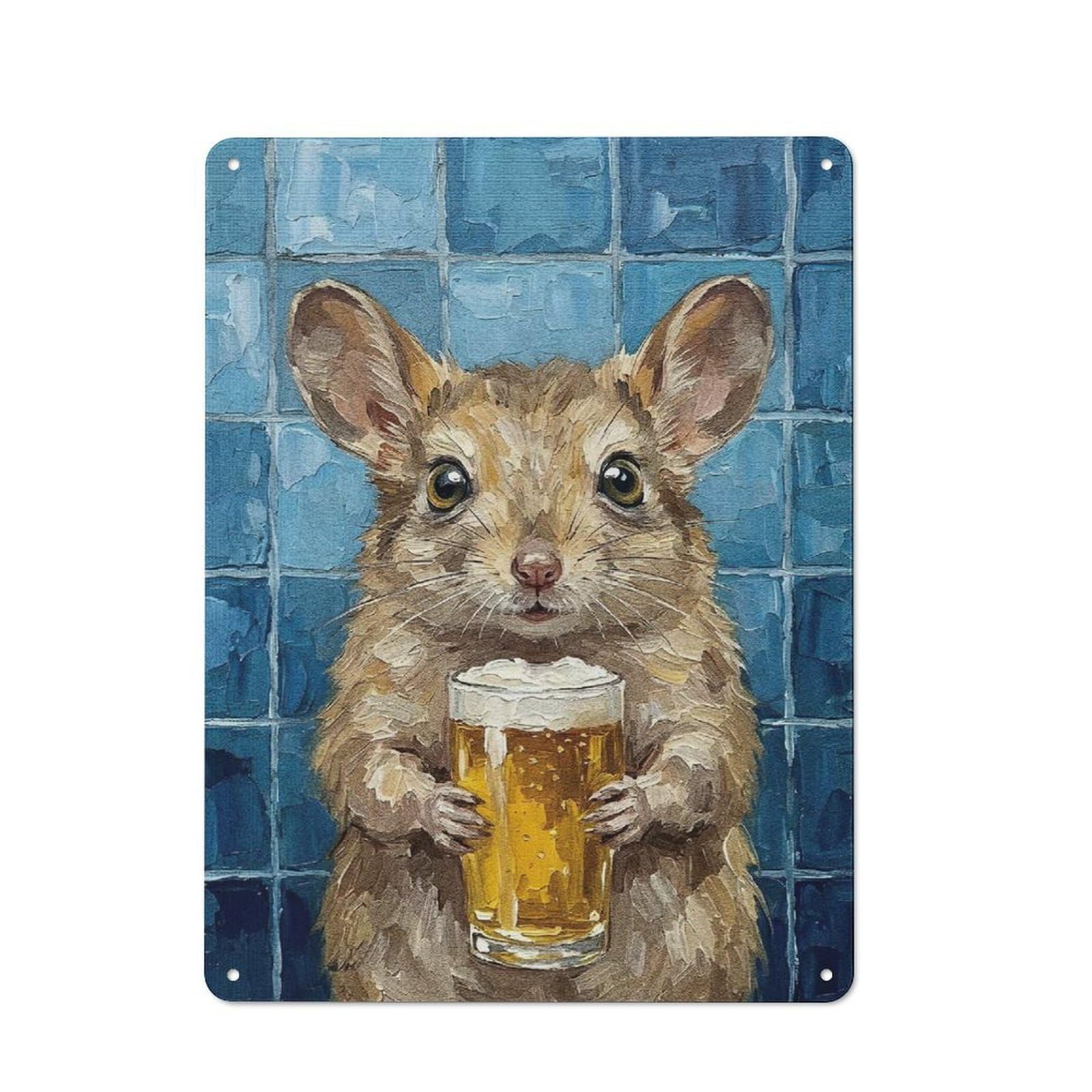Junmoney Style-5 Mouse With Beer Painting Metal Wall Plaque 40X30cm, Vintage Nostalgic Wall Art For Bedroom, Office, Home Bar Or Dining Room
