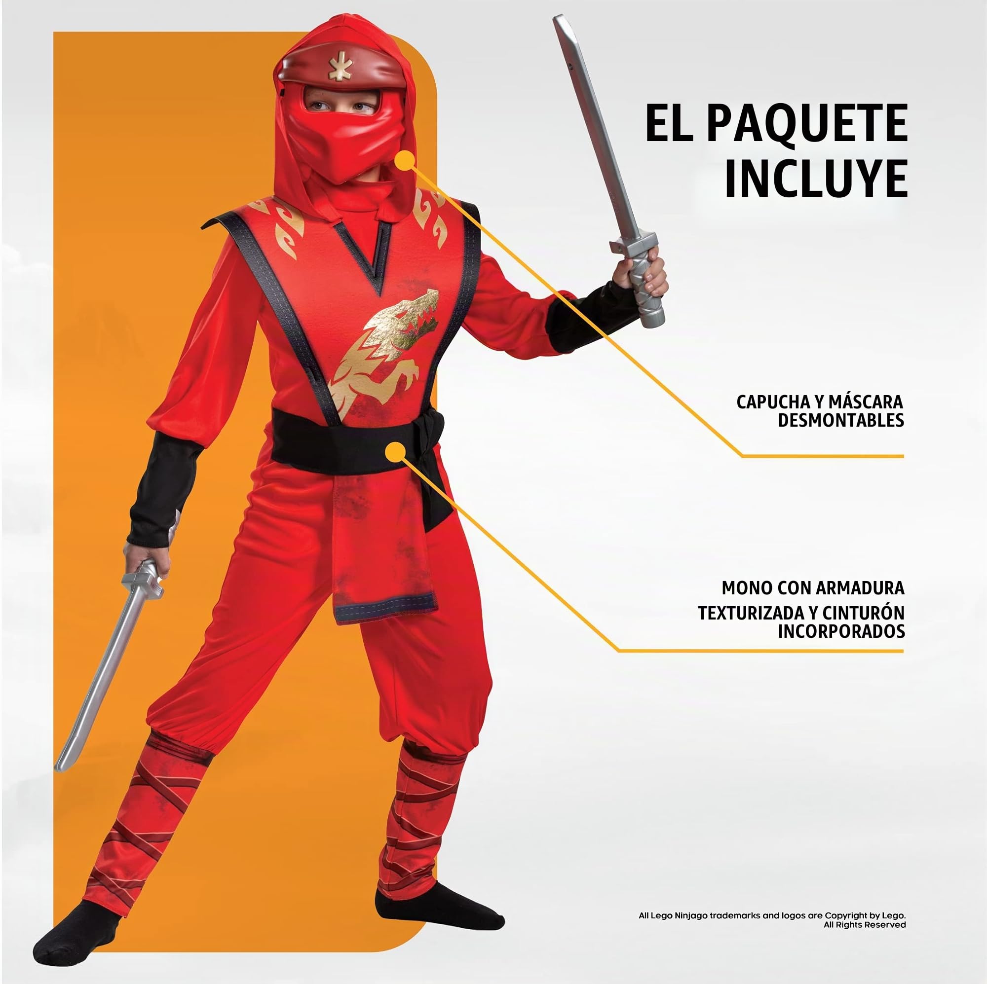 Disguise Ninijago - Disfraz infantil Ninjago, disfraz de Ninjago, disfraz de Ninjago para niños, disfraz de Ninjago rojo, disfraz Ninja infantil, disfraz de Halloween Ninja talla M