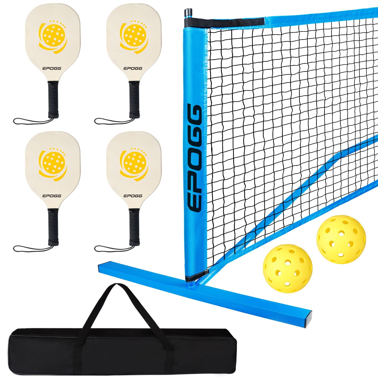 Portable Pickleball Net Set, EPOGG Official Size Pickleball Net System with 4 Pickleball Paddles, 2 Outdoor Pickleballs, Carry Bag and Heavy Duty Steel Frame for Games & Professional Sports Training