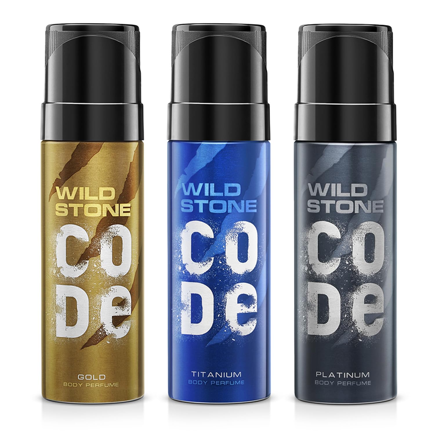 Wild Stone Code Gold, Platinum & Titanium Body Perfume Spray Combo For Men, 120ml Each (Pack Of 3)
