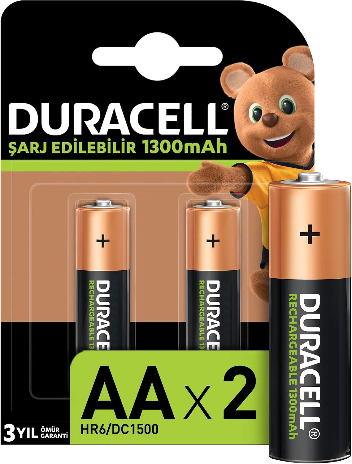 Duracell Şarj Edilebilir Pil AA Kalem (2'li Paket), 1300 mAh NiMH, 2000 Sarj Döngüsü, Önceden Sarj Edilmiştir
