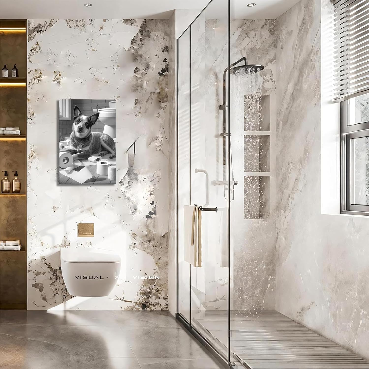 Trendy Australian Cattle Dog Bathroom Posters Black And White Heeler Toilet Canvas Wall Art Funny Room Aesthetic Prints Painting For Home Bedroom Dorm Wall Decor 16x24in Wframed