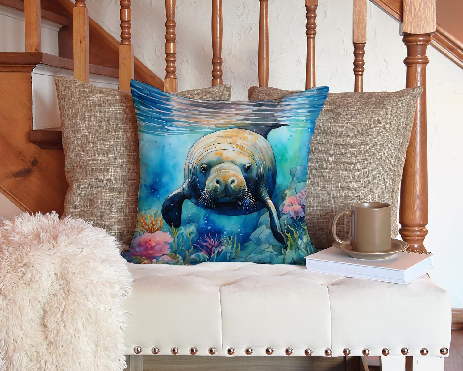 Caroline's Treasures Manatee Throw Pillow Machine Washable, Indoor Outdoor Decorative Pillow for Couch, Bed or Patio, 14Hx14W
