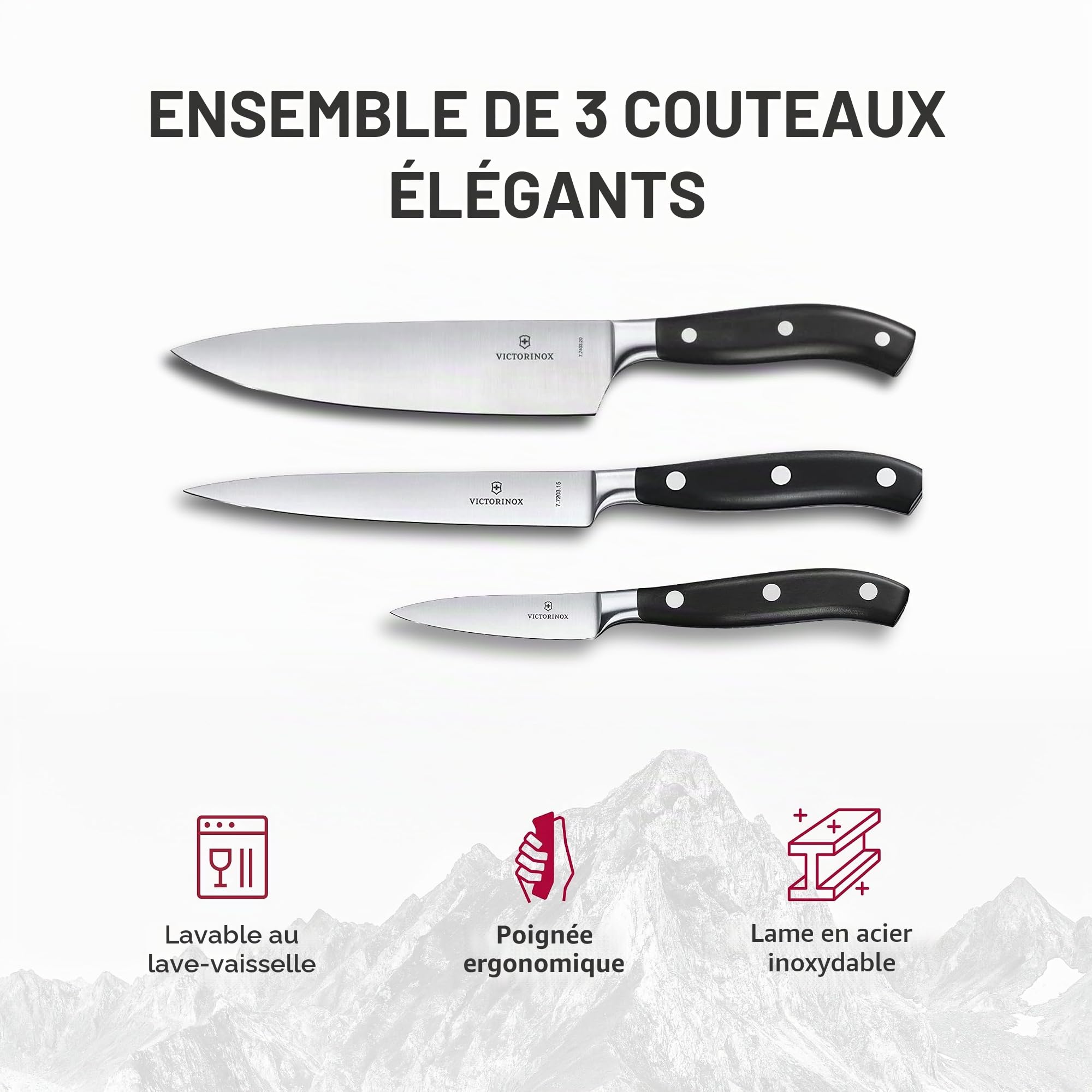 Victorinox Grand Maître, Set de cuisine professionnel, 3 pièces, tranchant droit, extra tranchant, manche plastique robuste, noir