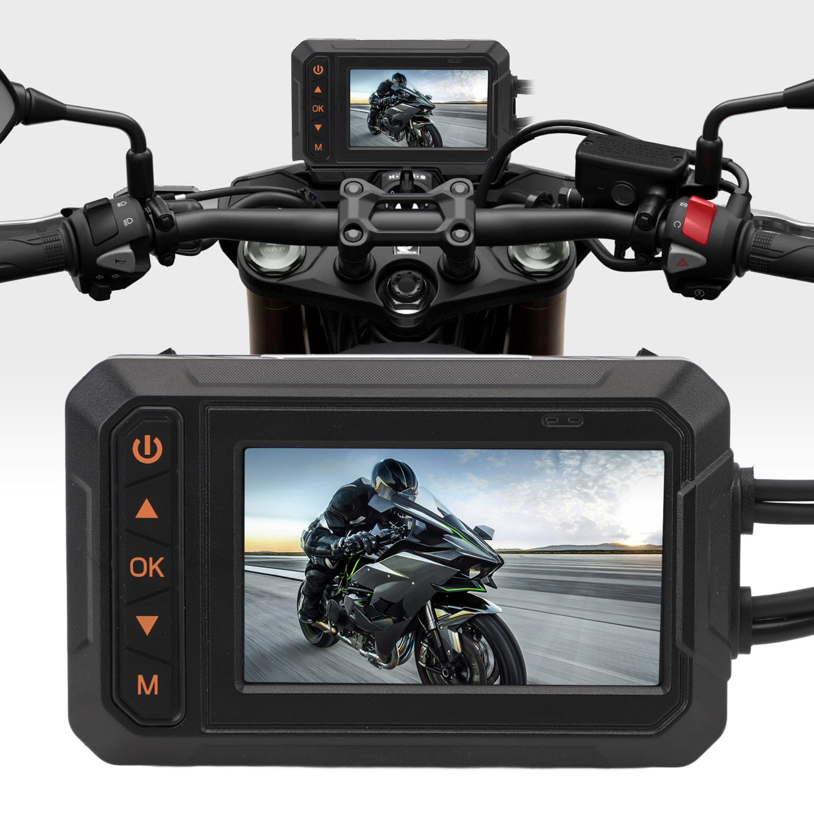 Motocyklowa kamera na deskę rozdzielczą Podwójny obiektyw szerokokątny 150° Rejestrator jazdy 3-calowy ekran IPS Wodoodporna kamera IP67 Monitor wideo Full HD do motocykli