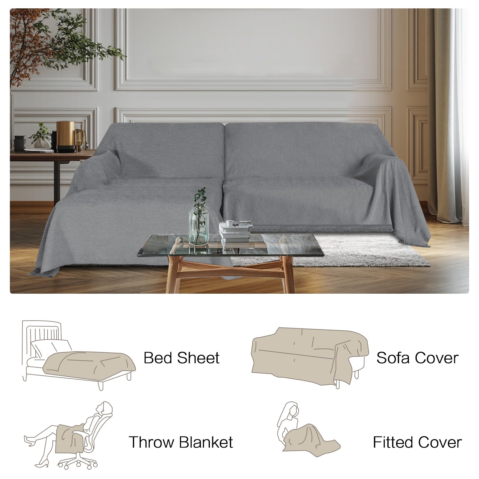 BellaHills Ciniglia Copridivano 2 Posti con Penisola Ciniglia, Nuovo Fodera per Divano Antiscivolo Antimacchia, Telo Copridivano con Braccioli Graffi Gatto (Grigio, 180230 cm x 180279 cm)