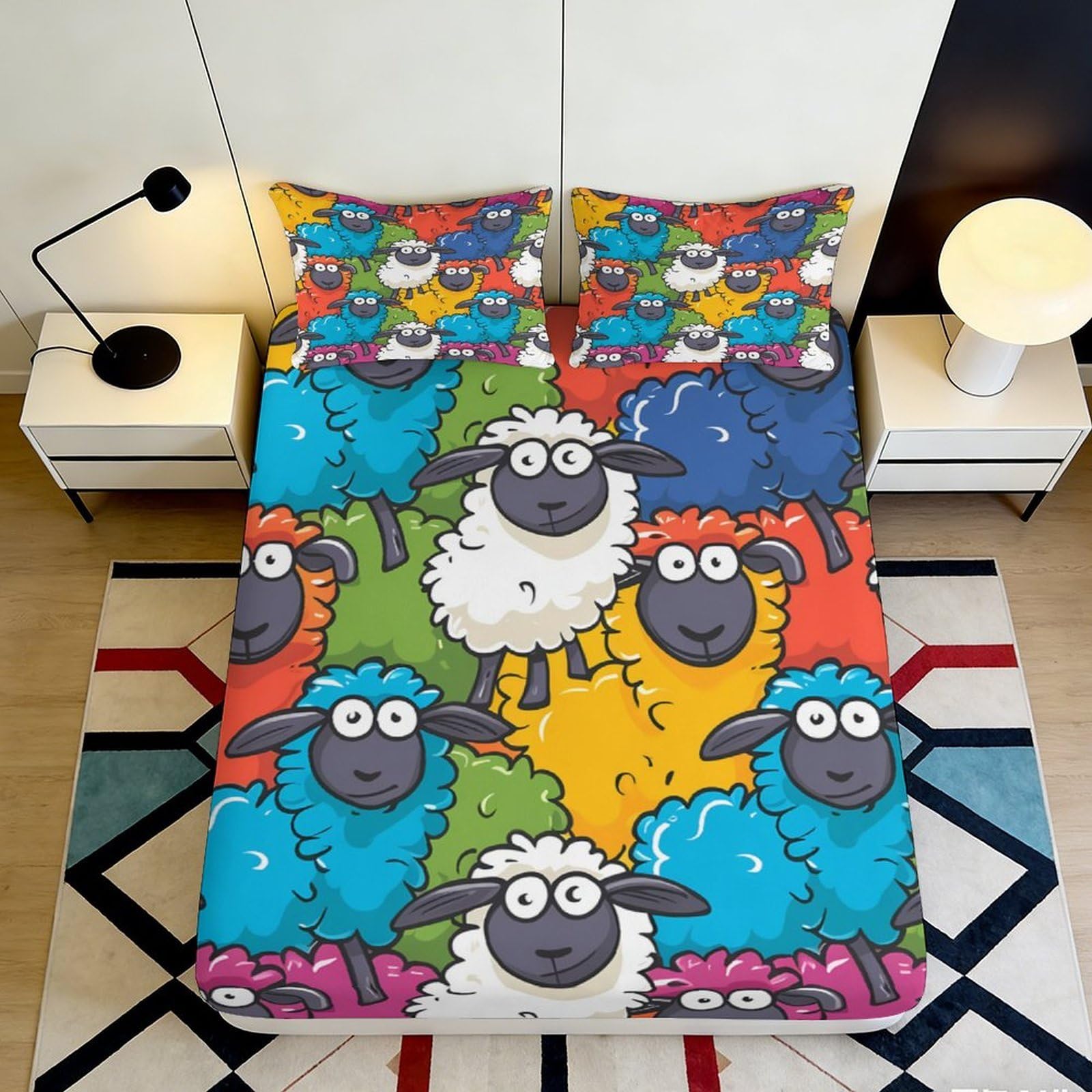 Jqzkxnhpbr Style-4 3D Printed Colorful Sheep Fitted Sheet Microfiber Soft Bedroom Decor Cartoon Animal Bed Cover For Home Dorm Mattress Protection 90X200x25cm